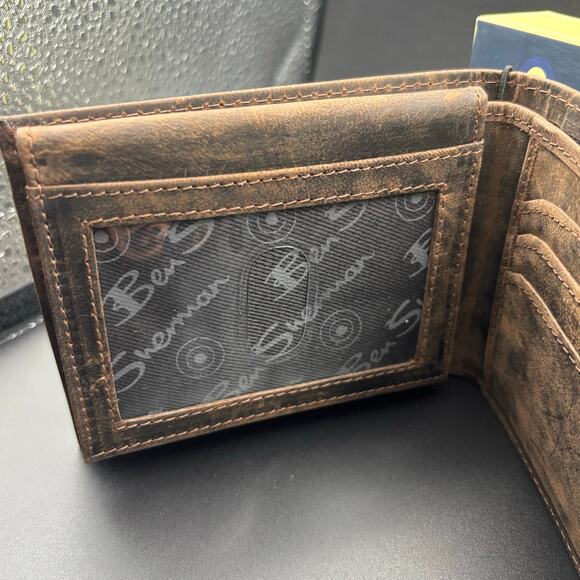 Ben Sherman MWA98FLBENBW00 mens distressed brown genuine leather bifold wallet - Picture 17 of 17